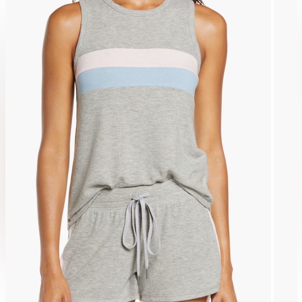 PJ Salvage Heather Gray Pajama Set with Pastel Stripes
